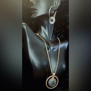 Gold-tone Necklace with Circle Pendant and Stone insert with earrings